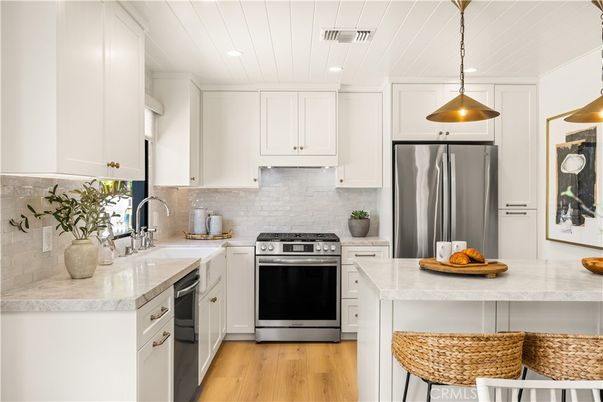 Interior, Kitchen, Pendant Lights, Recessed Lighting, Stainless Steel Appliances, Wood Texture Flooring