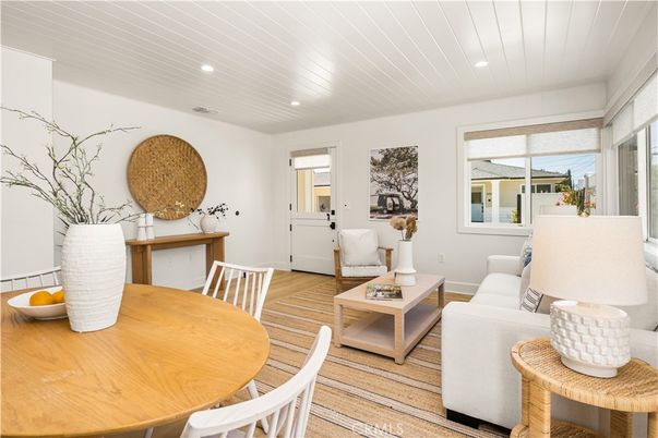 Dining room, Interior, Living room, Recessed Lighting, Wood Texture Flooring