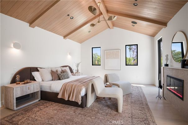 Bedroom, Fireplace, Interior, Recessed Lighting, Wooden Beams, Wooden Ceilings, Wood Texture Flooring