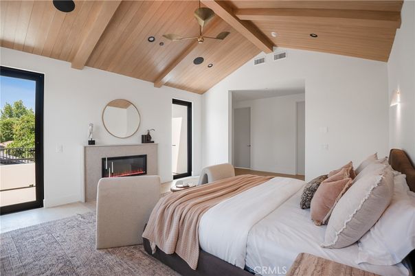 Bedroom, Fireplace, Interior, Recessed Lighting, Wooden Beams, Wooden Ceilings