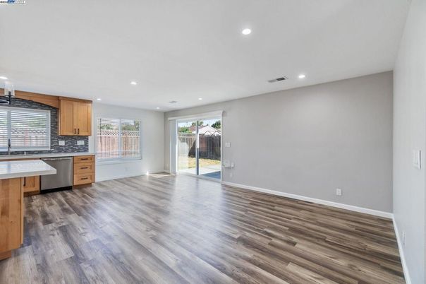 Empty room, Interior, Kitchen, Recessed Lighting, Wood Texture Flooring