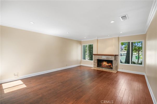 Empty room, Fireplace, Interior, Recessed Lighting, Wood Texture Flooring