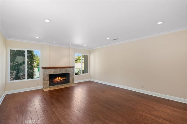 Empty room, Fireplace, Interior, Recessed Lighting, Wood Texture Flooring