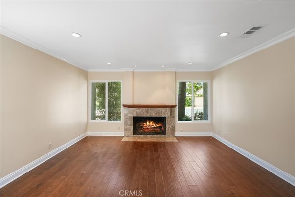 Empty room, Fireplace, Interior, Recessed Lighting, Wood Texture Flooring