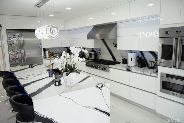 Interior, Kitchen, Marble, Pendant Lights, Recessed Lighting, Stainless Steel Appliances