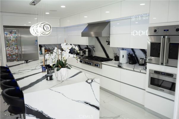 Interior, Kitchen, Marble, Pendant Lights, Recessed Lighting, Stainless Steel Appliances