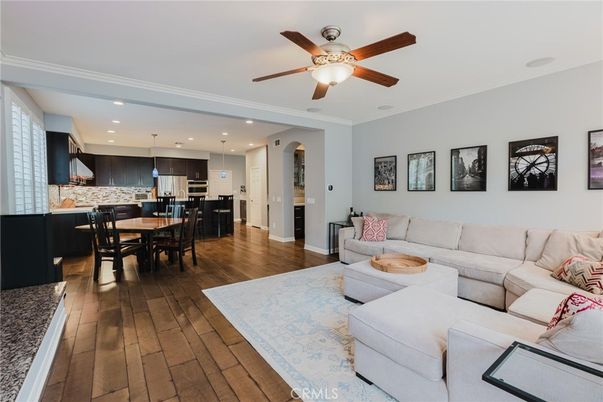 Dining room, Interior, Kitchen, Living room, Pendant Lights, Recessed Lighting, Stainless Steel Appliances, Wood Texture Flooring