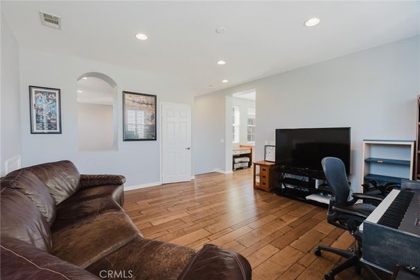 Home Office, Interior, Piano, Recessed Lighting, Wood Texture Flooring