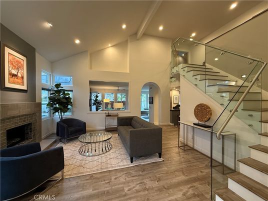Fireplace, Interior, Living room, Recessed Lighting, Wood Texture Flooring