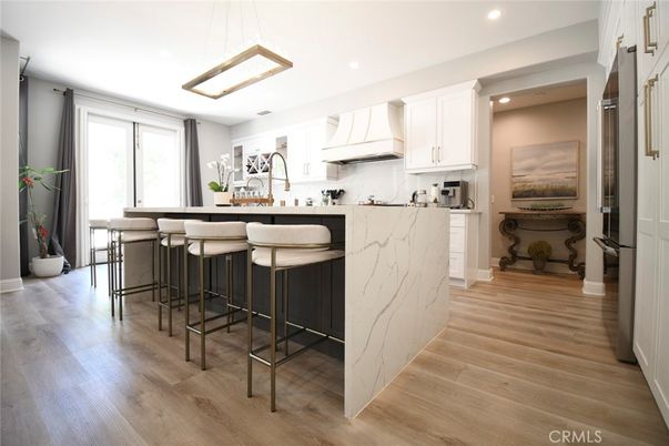 Interior, Kitchen, Marble Walls, Pendant Lights, Recessed Lighting, Wood Texture Flooring