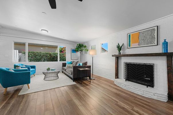 Fireplace, Interior, Living room, Recessed Lighting, Wood Texture Flooring