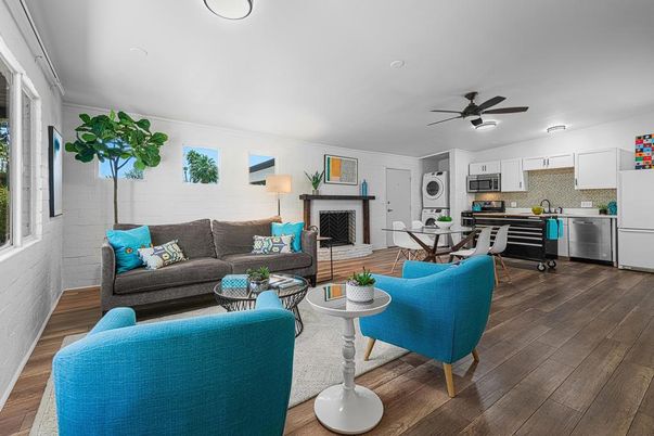 Dining room, Fireplace, Interior, Kitchen, Living room, Stainless Steel Appliances, Wood Texture Flooring