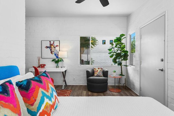 Bedroom, Interior, Stone Walls, Wood Texture Flooring