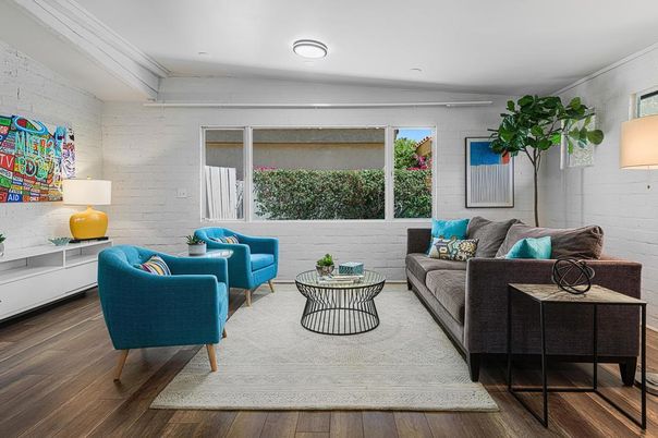 Interior, Living room, Recessed Lighting, Stone Walls, Wood Texture Flooring