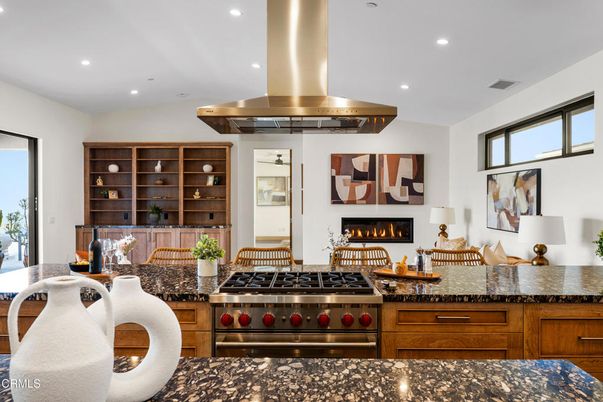 Fireplace, Interior, Kitchen, Recessed Lighting, Stainless Steel Appliances