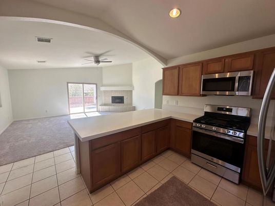 Fireplace, Interior, Kitchen, Recessed Lighting, Stainless Steel Appliances