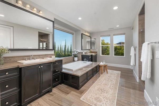 Bathroom, Dual Sink Vanities, Interior, Recessed Lighting, Wood Texture Flooring