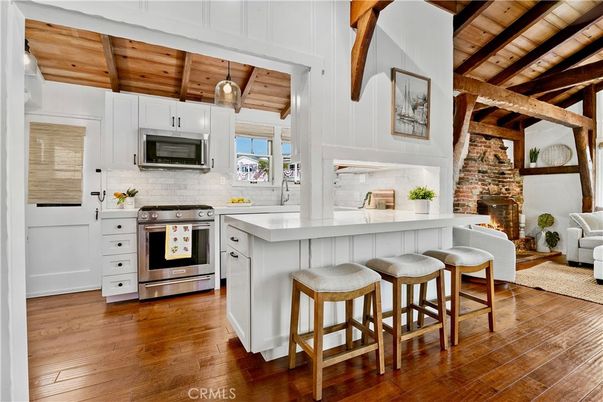 Fireplace, Interior, Kitchen, Pendant Lights, Stainless Steel Appliances, Wooden Beams, Wooden Ceilings, Wood Texture Flooring