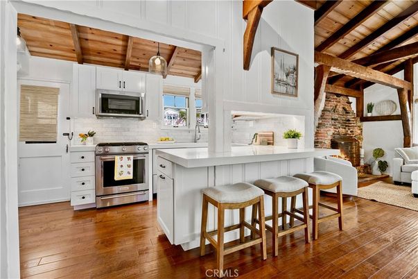 Fireplace, Interior, Kitchen, Pendant Lights, Stainless Steel Appliances, Wooden Beams, Wooden Ceilings, Wood Texture Flooring