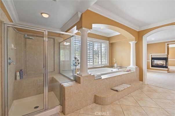 Bathroom, Fireplace, Glass Shower, Interior, Recessed Lighting
