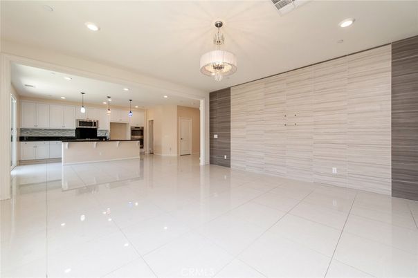 Chandelier, Empty room, Interior, Kitchen, Pendant Lights, Recessed Lighting, Stainless Steel Appliances
