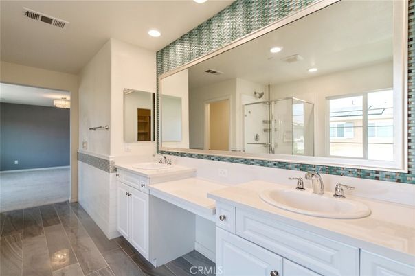 Bathroom, Dual Sink Vanities, Glass Shower, Interior, Recessed Lighting, Wood Texture Flooring