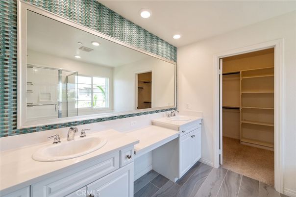 Bathroom, Dual Sink Vanities, Glass Shower, Interior, Recessed Lighting, Wood Texture Flooring