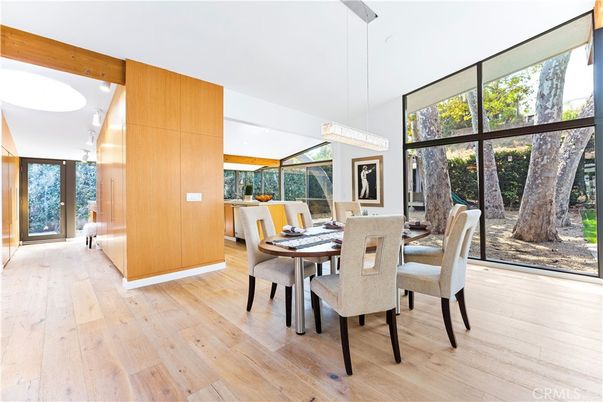 Dining room, Interior, Pendant Lights, Recessed Lighting, Wooden Beams, Wood Texture Flooring