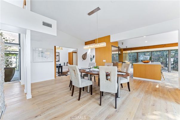 Dining room, Interior, Pendant Lights, Recessed Lighting, Wood Texture Flooring