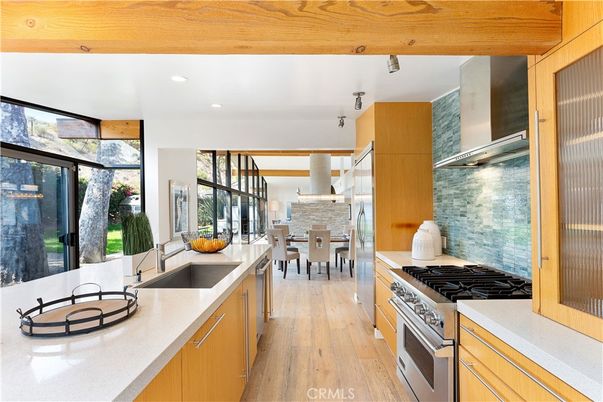 Dining room, Interior, Kitchen, Recessed Lighting, Stainless Steel Appliances, Wood Texture Flooring
