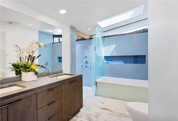 Bathroom, Dual Sink Vanities, Glass Shower, Interior, Marble, Recessed Lighting