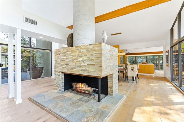Dining room, Fireplace, Interior, Pendant Lights, Recessed Lighting, Wooden Beams, Wood Texture Flooring