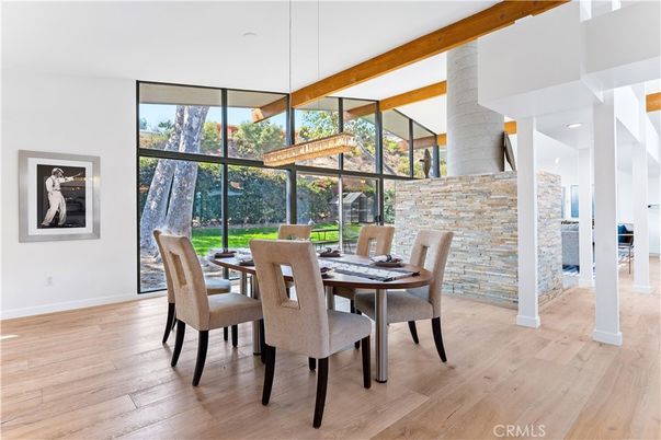 Dining room, Interior, Pendant Lights, Recessed Lighting, Wood Texture Flooring