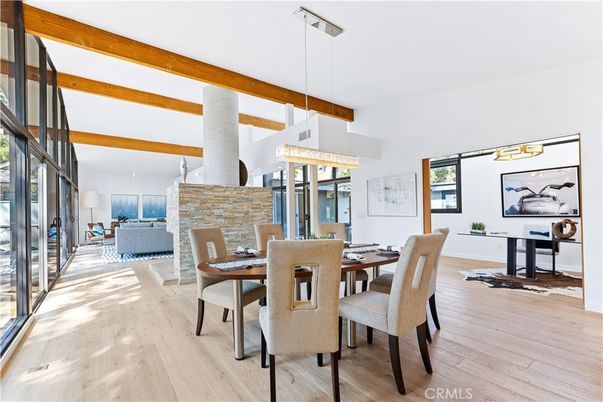 Chandelier, Dining room, Fireplace, Interior, Pendant Lights, Wooden Beams, Wood Texture Flooring