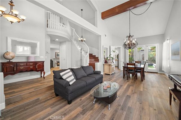 Chandelier, Dining room, Interior, Living room, Pendant Lights, Piano, Wooden Beams, Wood Texture Flooring