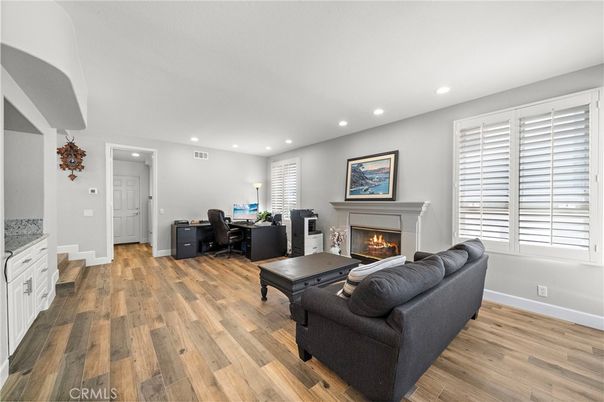 Fireplace, Home Office, Interior, Living room, Recessed Lighting, Wood Texture Flooring