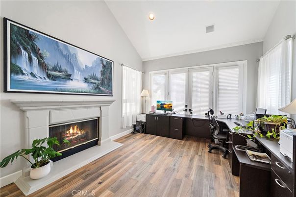 Fireplace, Home Office, Interior, Recessed Lighting, Wood Texture Flooring