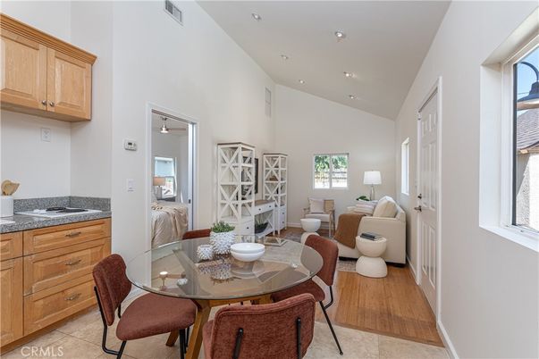 Dining room, Interior, Living room, Recessed Lighting, Wood Texture Flooring