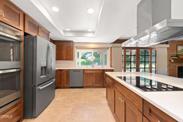 Interior, Kitchen, Recessed Lighting, Stainless Steel Appliances, Stone Walls
