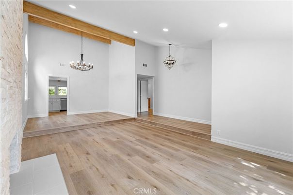 Chandelier, Empty room, Interior, Pendant Lights, Recessed Lighting, Wooden Beams, Wood Texture Flooring