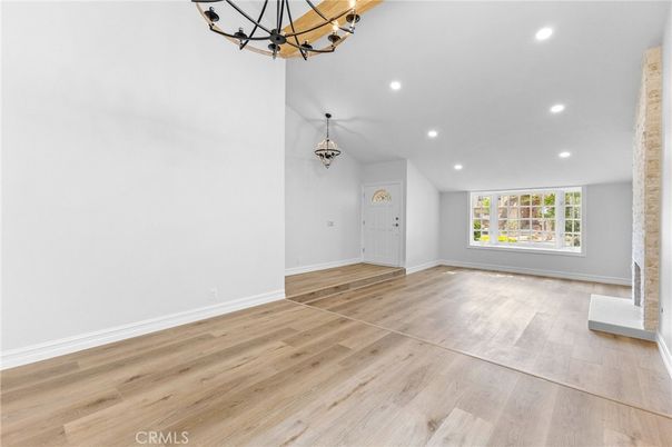 Chandelier, Empty room, Interior, Recessed Lighting, Wood Texture Flooring
