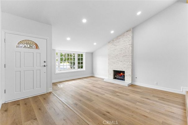 Empty room, Fireplace, Interior, Recessed Lighting, Wood Texture Flooring