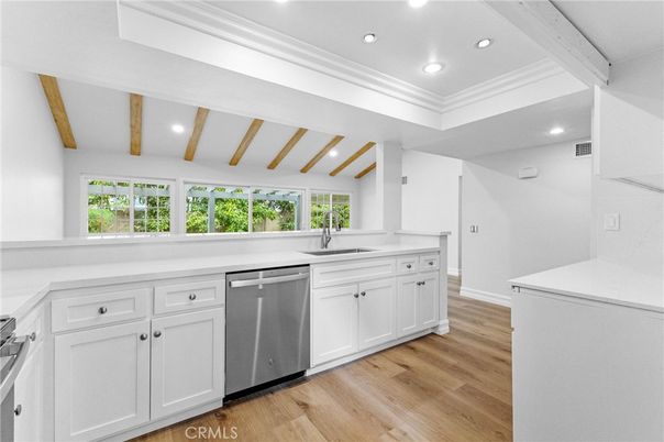 Interior, Kitchen, Recessed Lighting, Stainless Steel Appliances, Wooden Beams, Wood Texture Flooring