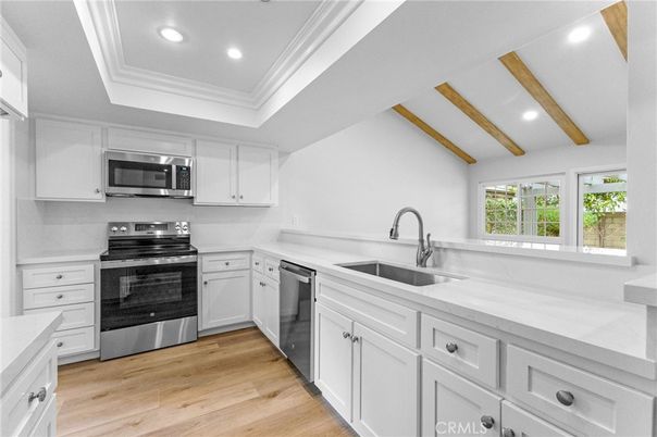 Interior, Kitchen, Recessed Lighting, Stainless Steel Appliances, Wooden Beams, Wood Texture Flooring