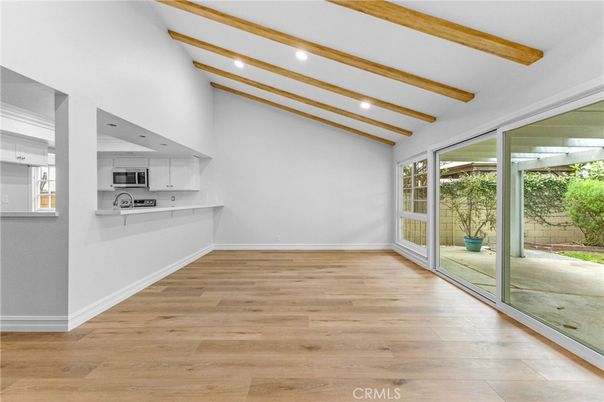 Empty room, Interior, Kitchen, Recessed Lighting, Wooden Beams, Wood Texture Flooring