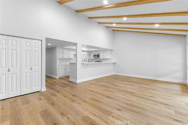 Empty room, Interior, Kitchen, Recessed Lighting, Wooden Beams, Wood Texture Flooring
