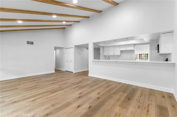 Empty room, Interior, Kitchen, Recessed Lighting, Wooden Beams, Wood Texture Flooring