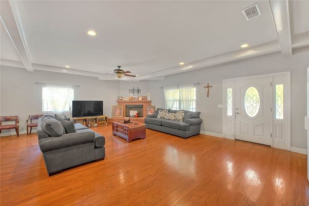 Fireplace, Interior, Living room, Recessed Lighting, Wood Texture Flooring