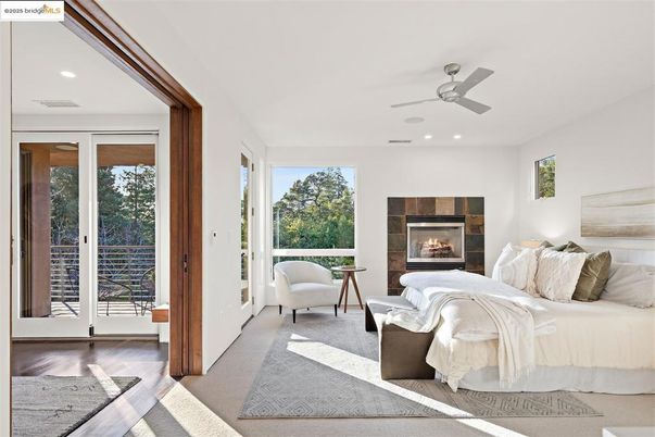 Bedroom, Fireplace, Interior, Recessed Lighting, Wood Texture Flooring