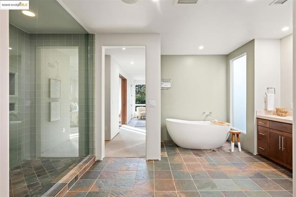 Bathroom, Free Standing Baths, Glass Shower, Interior, Recessed Lighting